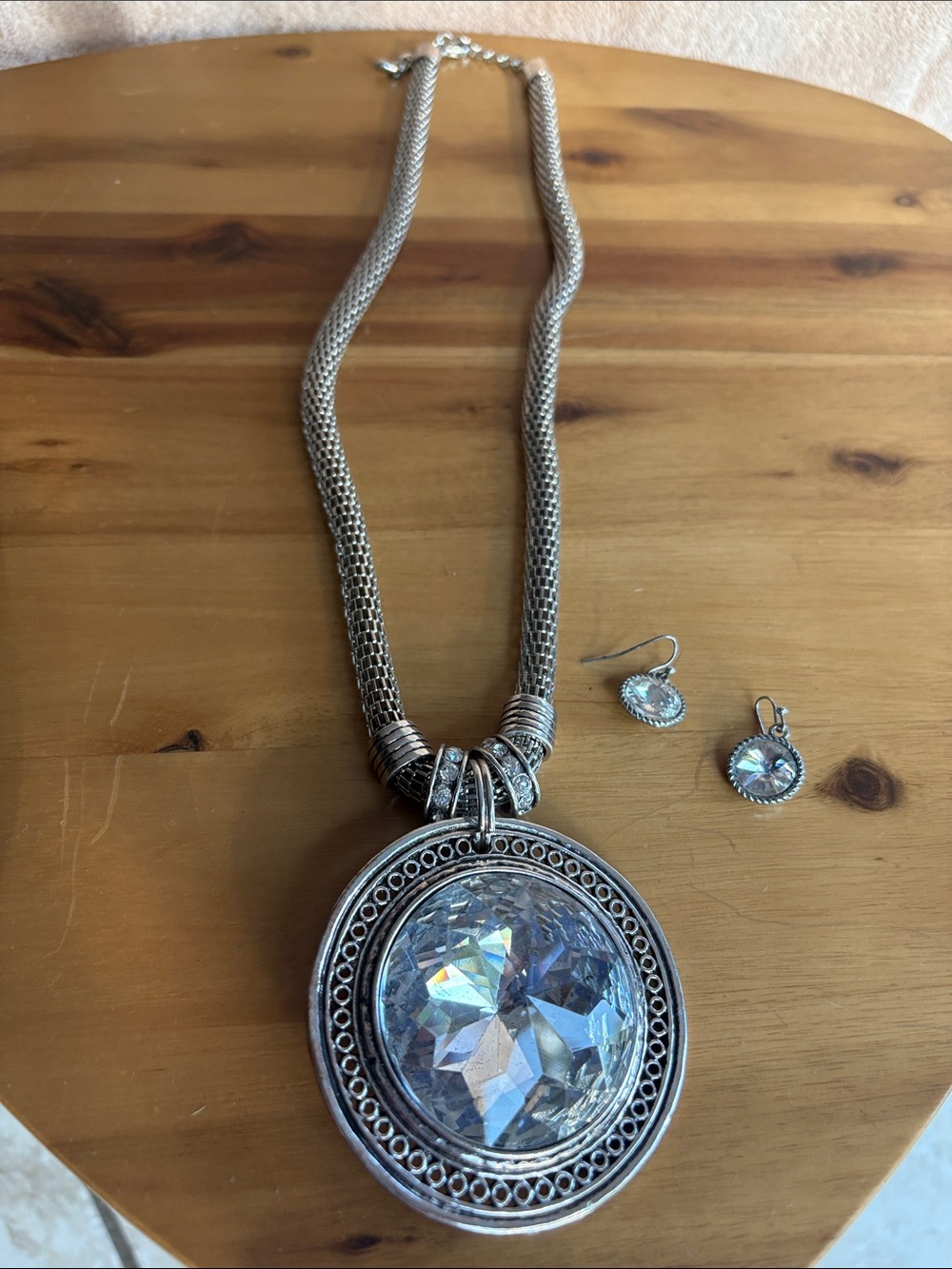 Silver-Tone Necklace and Earring Set with Large Clear Crystal Pendant